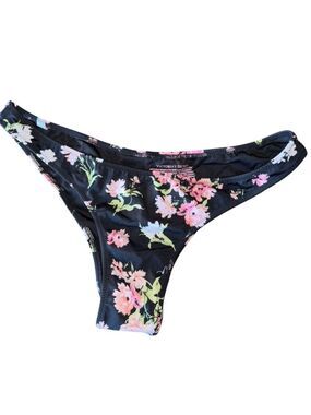 NWOT Victoria's Secret Black Floral Thong Deep Cut V Logo Bikini Bottom Swimwear